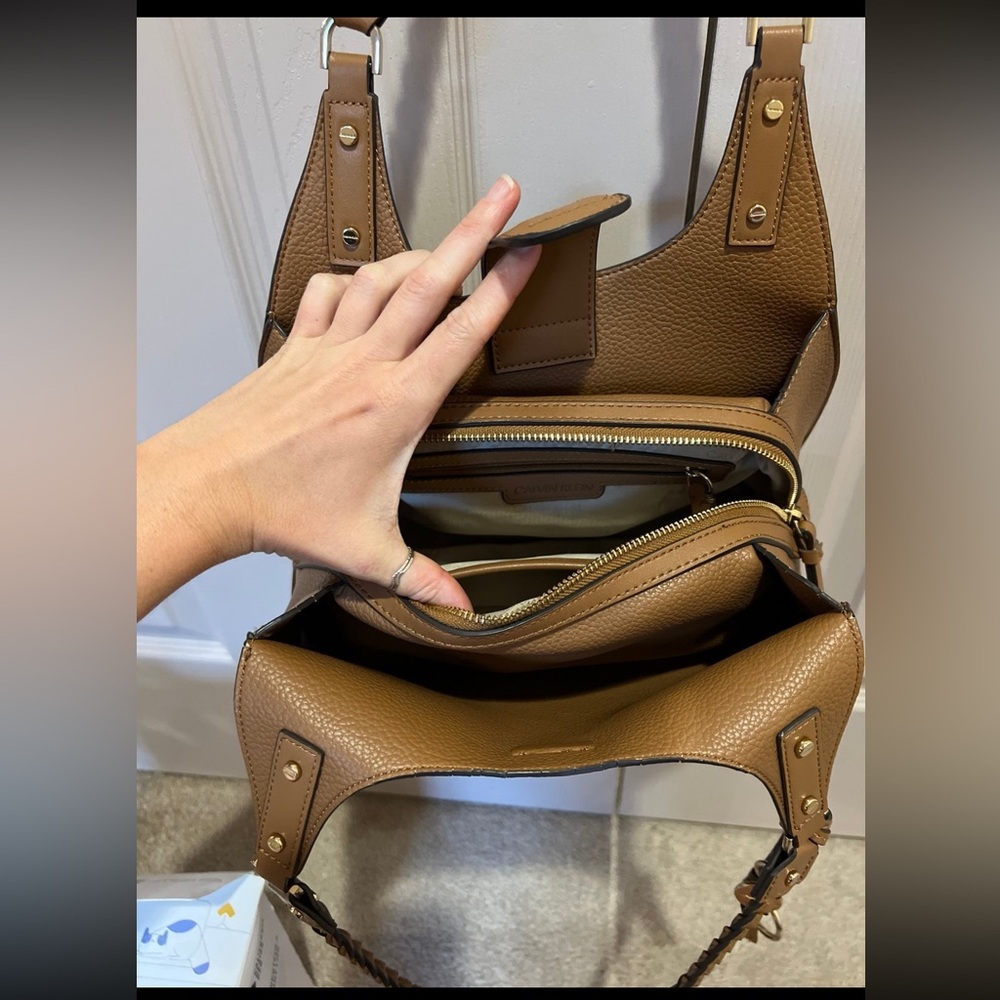 Calvin Klein Tan Leather Braided-Handle Satchel - Picture 7 of 9